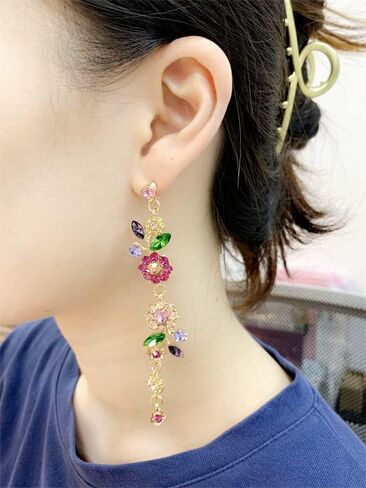 Long CZ Flower Leaf Statement Earrings for Women Girls Colorful Crystal Charms Dangle Drop Stud Earring Lightweight Fashion Bohemian Hypoallergenic Jewelry Gifts Christmas Birthday Wedding in Saudi Arabia