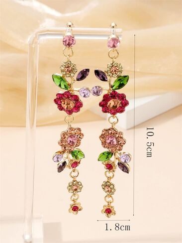 Long CZ Flower Leaf Statement Earrings for Women Girls Colorful Crystal Charms Dangle Drop Stud Earring Lightweight Fashion Bohemian Hypoallergenic Jewelry Gifts Christmas Birthday Wedding in Saudi Arabia