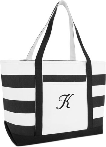 DALIX Striped Beach Bag Tote Bags Canvas Personalized Black Ballent Letter A - Z in Saudi Arabia