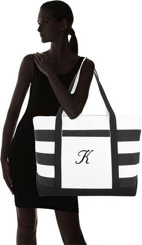 DALIX Striped Beach Bag Tote Bags Canvas Personalized Black Ballent Letter A - Z in Saudi Arabia
