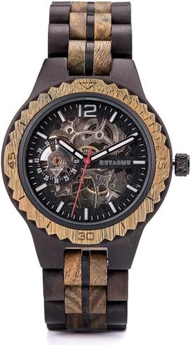 HUTAOMU Mechanical Wood Watches for Men,Automatic Self-Winding Skeleton Analog Wooden Watches with Olive Wood Band and Bezel Transparent Case Back,Fathers Day Gift in Saudi Arabia