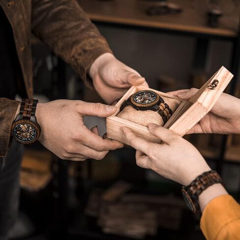 HUTAOMU Mechanical Wood Watches for Men,Automatic Self-Winding Skeleton Analog Wooden Watches with Olive Wood Band and Bezel Transparent Case Back,Fathers Day Gift in Saudi Arabia
