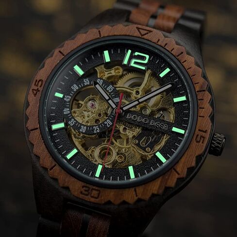 HUTAOMU Mechanical Wood Watches for Men,Automatic Self-Winding Skeleton Analog Wooden Watches with Olive Wood Band and Bezel Transparent Case Back,Fathers Day Gift in Saudi Arabia