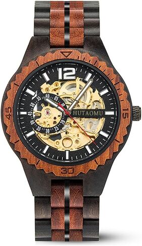 HUTAOMU Mechanical Wood Watches for Men,Automatic Self-Winding Skeleton Analog Wooden Watches with Olive Wood Band and Bezel Transparent Case Back,Fathers Day Gift in Saudi Arabia