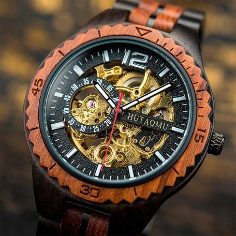 HUTAOMU Mechanical Wood Watches for Men,Automatic Self-Winding Skeleton Analog Wooden Watches with Olive Wood Band and Bezel Transparent Case Back,Fathers Day Gift in Saudi Arabia