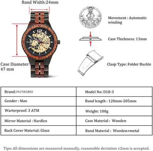 HUTAOMU Mechanical Wood Watches for Men,Automatic Self-Winding Skeleton Analog Wooden Watches with Olive Wood Band and Bezel Transparent Case Back,Fathers Day Gift in Saudi Arabia