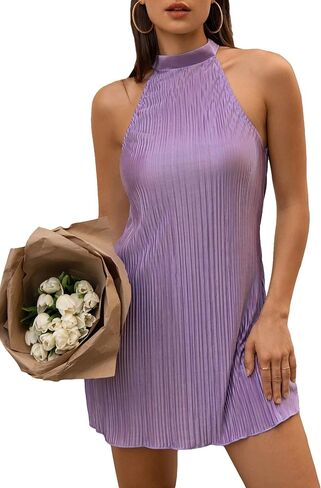 SHENHE Women's Halter Neck Lettuce Trim Sleeveless Shift Dress Mini Tank Dress in Saudi Arabia