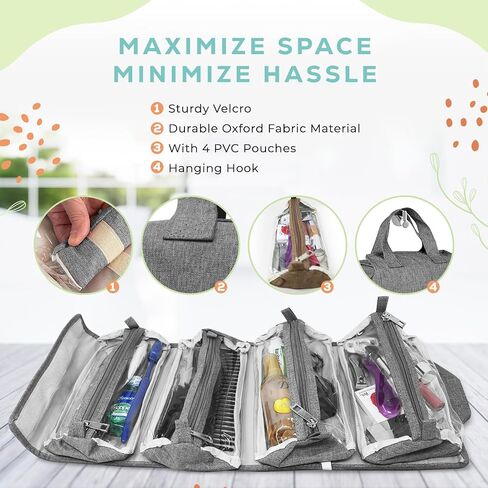4-in-1 Hanging Toiletry bag - Roll-Up Makeup Bag - 4 Detachable PVC Zip Pouches – 600D Oxford Fabric, Versatile Travel Toiletry Organizer Bag - Makeup, Cosmetics, First Aid, Medicine Personal Care,… in Saudi Arabia