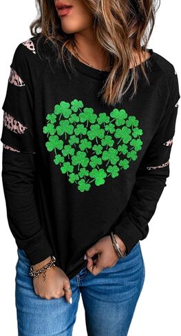 Goodswsw المرأة طويلة الأكمام البلوز بلوزات أربع أوراق البرسيم الحب ليوبارد طباعة اللون حجب فضفاض الخريف in Kuwait