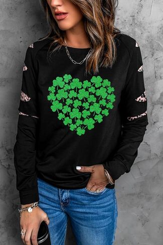 Goodswsw المرأة طويلة الأكمام البلوز بلوزات أربع أوراق البرسيم الحب ليوبارد طباعة اللون حجب فضفاض الخريف in Kuwait