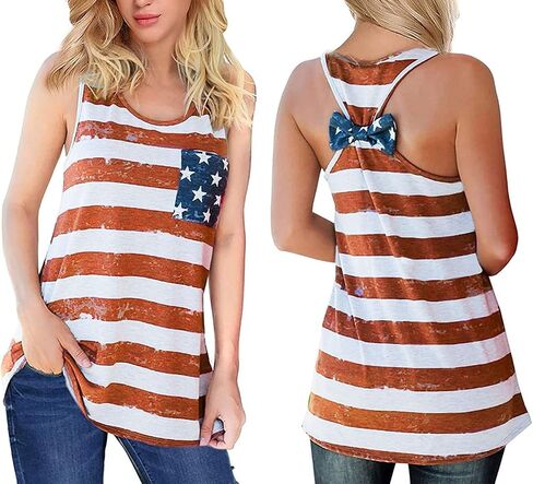 Barlver Women's American Flag Camo Sleeveless Tank Tops 4th of July Racerback Bowknot Stripes Patriotic T Shirts in Saudi Arabia