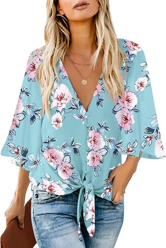 luvamia Women's V Neck Tops 3/4 Sleeve Tie Knot Floral Blouses Button Down Shirts in Saudi Arabia