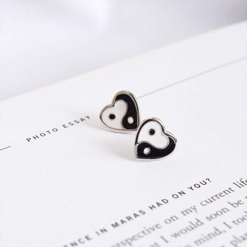Yin Yang Stud Earrings Sterling Silver 925 Minimalist Love Heart Black and White Enamel Statement Earring Studs Piercing Hypoallergenic for Women Girls Jewelry Gifts in Saudi Arabia