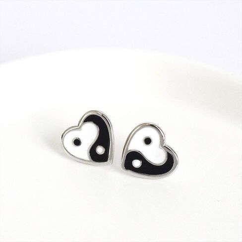 Yin Yang Stud Earrings Sterling Silver 925 Minimalist Love Heart Black and White Enamel Statement Earring Studs Piercing Hypoallergenic for Women Girls Jewelry Gifts in Saudi Arabia