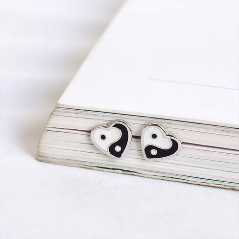 Yin Yang Stud Earrings Sterling Silver 925 Minimalist Love Heart Black and White Enamel Statement Earring Studs Piercing Hypoallergenic for Women Girls Jewelry Gifts in Saudi Arabia