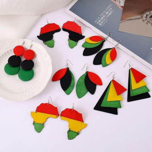 Bohemian African Natural Wooden Earrings for Women Teens Girls Students Colorful Map Cute Geometric Triangle Multilayer Dangling Drop Wood Leaf Earring Lightweight Charm Jewelry Ethnic Gift in Saudi Arabia