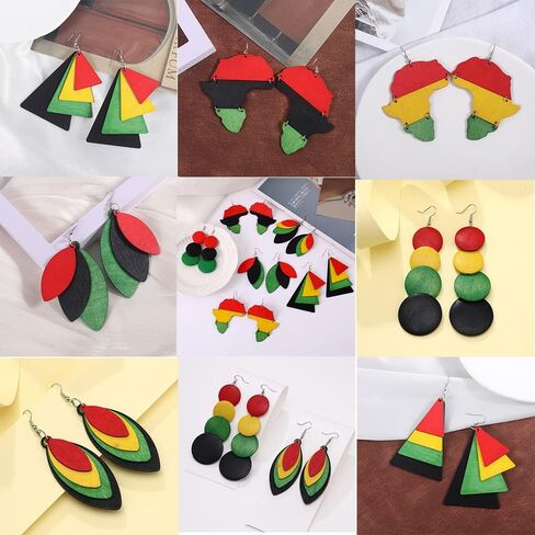 Bohemian African Natural Wooden Earrings for Women Teens Girls Students Colorful Map Cute Geometric Triangle Multilayer Dangling Drop Wood Leaf Earring Lightweight Charm Jewelry Ethnic Gift in Saudi Arabia