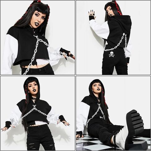 RARITYUS Women Sexy Off Shoulder Gothic Punk Lace Hoodie Crop Top Long Sleeve Bandage Sweatshirt for Rave Halloween Costume in Saudi Arabia