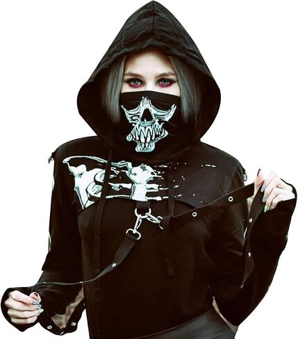 RARITYUS Women Sexy Off Shoulder Gothic Punk Lace Hoodie Crop Top Long Sleeve Bandage Sweatshirt for Rave Halloween Costume in Saudi Arabia