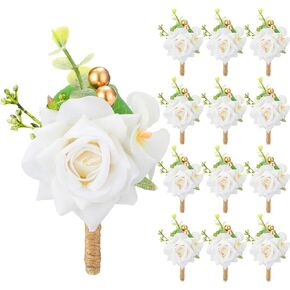 Sherr 12 Burgundy Boutonniere for Men Wedding Set Groom and Groomsmen Boutonniere Buttonholes Rose Boutonnieres with Pin Groom and Best Man Corsage for Wedding Decor Ceremony Anniversary Dinner Party