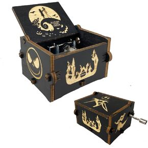 Nightmare Before Christmas Hand-cranked Musical Box,Tiny Music Box Engraved Wood Musical for Boy Girl Halloween Christmas Thanksgiving Birthday