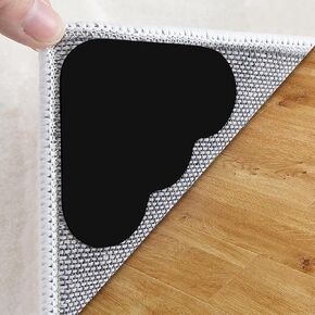 12 Pack Rug Corner Grippers,Double Sided Non-Slip Rug Tape for Hardwood Floor,Washable No Curl Rug Stickers Rug Stoppers for Area Rugs,Carpet Tape for Tile, Laminate,Wood Floor(Black)
