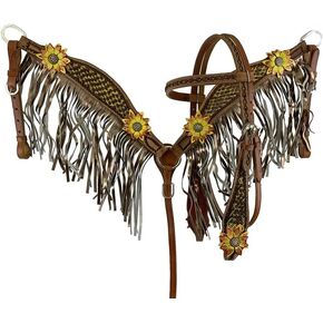 Showman Yellow & Red 3D Floral Accent Leather Headstall & Breast Collar Set w/Fringe, Average Full Size Horse