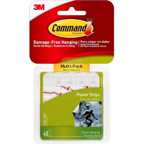 Command Poster Strips, Damage Free Hanging Poster Hangers, No Tools Wall Hanging Strips for Posters, 48 White Command Adhesive Strips