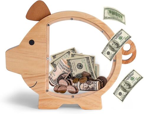 Kids Wooden and Acrylic Combi Piggy Bank Boys and Girls Cute Money Savings Box Wood Coin Bank Room Deco Ornaments(Single Acrylic) in Saudi Arabia