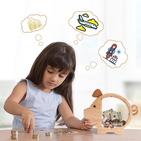 Kids Wooden and Acrylic Combi Piggy Bank Boys and Girls Cute Money Savings Box Wood Coin Bank Room Deco Ornaments(Single Acrylic) in Saudi Arabia