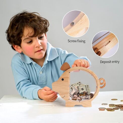 Kids Wooden and Acrylic Combi Piggy Bank Boys and Girls Cute Money Savings Box Wood Coin Bank Room Deco Ornaments(Single Acrylic) in Saudi Arabia