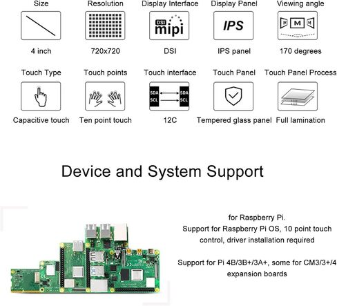 شاشة لمس دائرية، 4 بوصة بدقة 720 × 720 بكسل، تحكم باللمس سعوي 10 نقاط، شاشة LCD شفافة DSI مع تصفيح كامل لـ 4B 3B 3A CM3+ 4 in Saudi Arabia