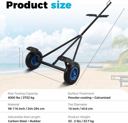 سعة تحميل القارب دوللي 420 رطل، محرك مقطورة من الفولاذ الكربوني مع ارتفاع وخطاف قابلين للتعديل 96 بوصة - 116 بوصة، إطارات هوائية 16 بوصة، عجلة عالمية، مقطورة دوللي قابلة للتعديل لتحريك قوارب الكاياك in Kuwait