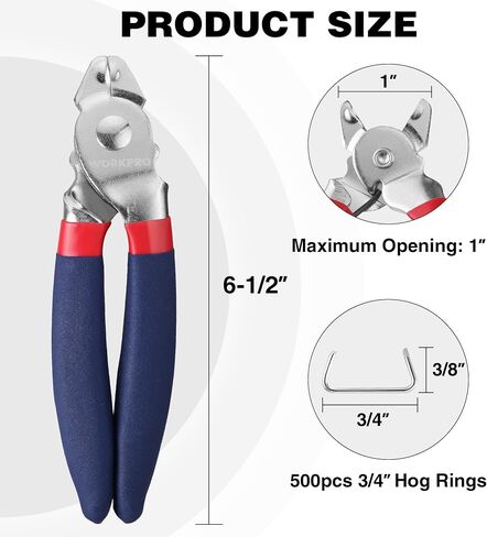 WORKPRO Bent Hog Ring Pliers with 500 Pcs 3/4" Hog Rings, Galvanized Steel Hog Rings Perfect for Furniture Upholstery, Auto Upholstery, Meat & Sausage Casings in Saudi Arabia