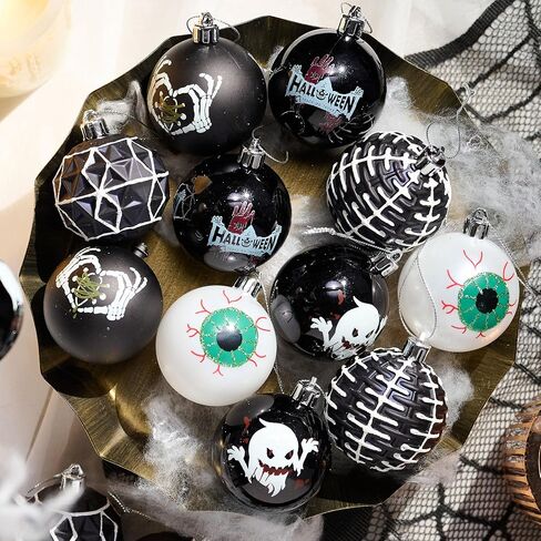 Valery Madelyn 16ct Halloween Ornaments Tree Decorations, 2.36" Black White Scary Evil's Eyeball Skeleton Shatterproof Hanging Ball Ornaments Set for Christmas Tree Modern Holiday Party Indoor Decor in Saudi Arabia