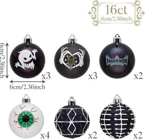Valery Madelyn 16ct Halloween Ornaments Tree Decorations, 2.36" Black White Scary Evil's Eyeball Skeleton Shatterproof Hanging Ball Ornaments Set for Christmas Tree Modern Holiday Party Indoor Decor in Saudi Arabia