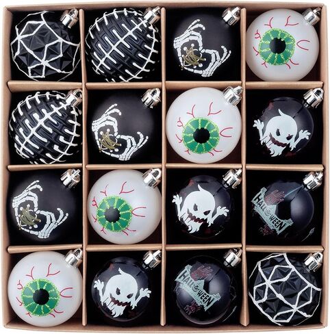 Valery Madelyn 16ct Halloween Ornaments Tree Decorations, 2.36" Black White Scary Evil's Eyeball Skeleton Shatterproof Hanging Ball Ornaments Set for Christmas Tree Modern Holiday Party Indoor Decor in Saudi Arabia
