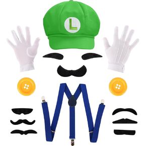Luigii Costume Accessories for Adult - Luigii Hat Mustache Gloves Accessories for Adults Male Halloween Cosplay