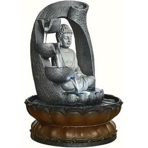 Buddha Statue Fountain Feng Shui Indoor Desktop Decoration Waterfall Kit with Submersible Pump Suitable for Office and Home Decoration, Gray/Brown, w00006