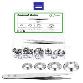 uxcell 100 Pcs Countersunk Washers, #6#8#10#12 Stainless Steel Finishing Cup Countersunk Washer Assortment Kit with Tweezers for Mechanical Accessories Parts, Silver