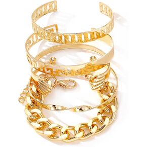 KISS WIFE Gold Cuff Bracelets Set for Women Girls, Layered Stackable Open Adjustable Bangle Bracelets, Trendy Jewelry Gift for Her