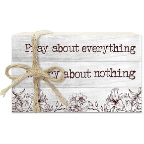 Christian Decorative Book Stack for Farmhouse, Tiered Tray Decor Inspirational Gifts, Religious Stacked Books Set, Pray About Everything Worry About Nothing Wooden Book Decor for Home Office -33