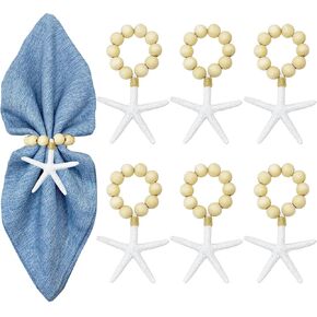 WINGFISH Wood Bead Starfish Napkin Rings Set of 6 White Sea Star Napkin Rings Bulk for Coastal Beach Dinning Table Decoration, Wooden Napkin Ring Holders for Party Gathering Banquet Wedding Birthday