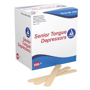 Dynarex Tongue Depressors Wood, Senior 6", Non-Sterile, with Precision Cut and Polished Smooth Edges, for Medical Use and Other Applications, 1 Box of 500 Tongue Depressors, 6"