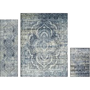 Superior Indoor Area Rug, Non-Slip Foam Backing for Kids or Pets, Entry, Living Room, Kitchen, Dorm, Bedroom, Hallway, Plush Rugs, Vintage Abstract Medallion, Salford Collection, 10' x 14', Blue-Beige