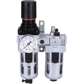 K Tool International 89195 Air Filter Regulator and Lubricator for Garages, Repair Shops and DIY, 40 Micron, Bronze Element, Polycarbonate Bowl, 7-145 PSI, 1/4" NPT, 18 CFM, Semi Automatic Drain