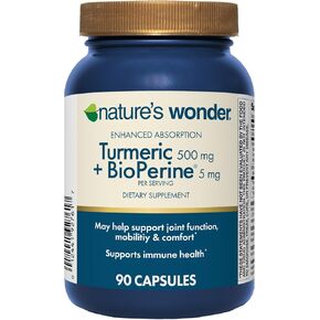 Nature's Wonder Enhanced Absorption Turmeric Complex 500 mg with BioPerine 5 mg for Joint Function, Mobility and Comfort, 90 Day Supply, 90 Vegetarian Capsules