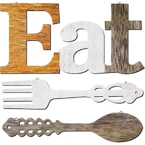 Set of EAT Sign, Fork and Spoon Wall Decor, Rustic Wood Eat Decoration, Cute Eat Letters for Kitchen and Home, Decorative Hanging Wooden Letters, Country Wall Art for Dining Room (Stylish Colors)