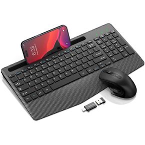 Wireless Keyboard and Mouse Combo, Ergonomic Keyboard with Wrist Rest, Phone Holder, Sleep Mode, 2.4G Lag-Free Rechargeable Compact Silent Cordless Keyboard Mouse for Windows, Mac, PC (Grey Black)