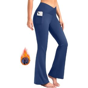 SANTINY Women's Fleece Lined Pants with Pockets Crossover Yoga Pants 28.5"/30.5"/32" Thermal Warm Flare Leggings for Women